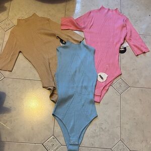 Women Ribbed 3 One Piece each Set - Pink, Blue, Tan Body Tees